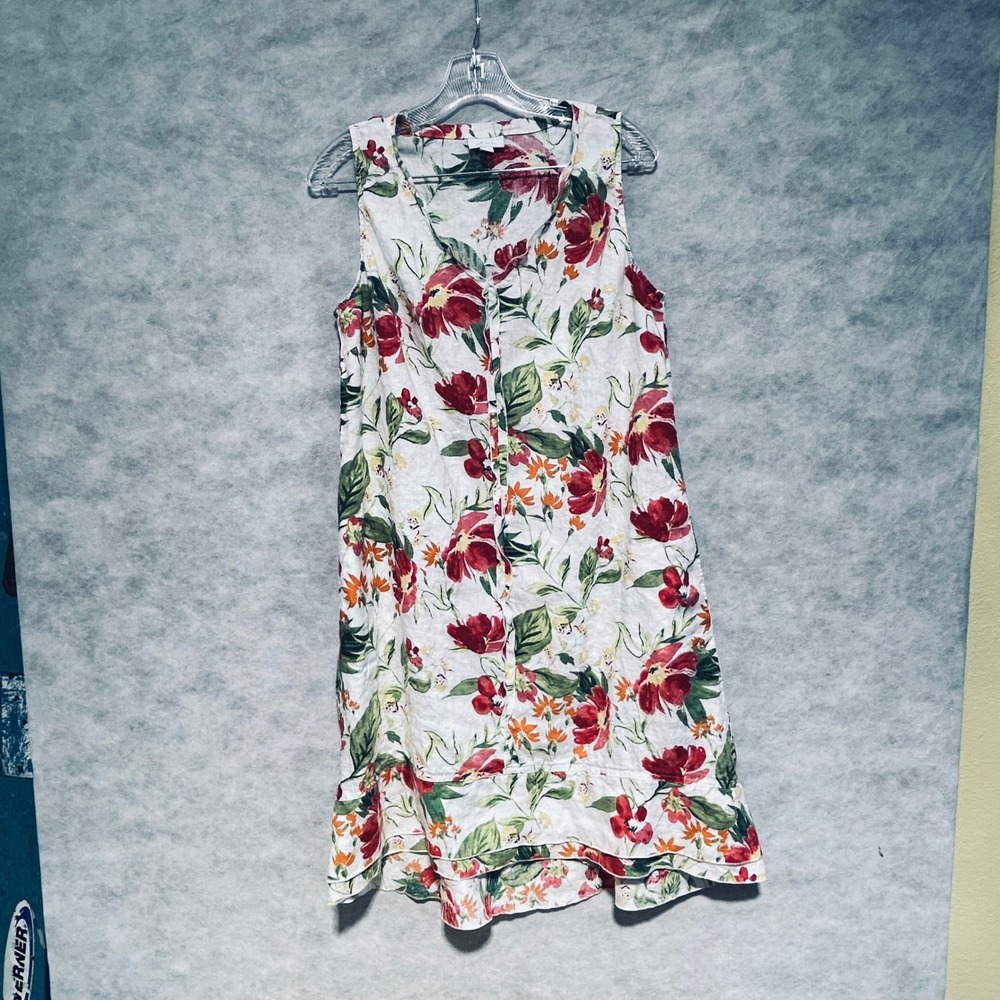J Jill Love Linen White Red Floral Button Front Sleeveless Dress‎